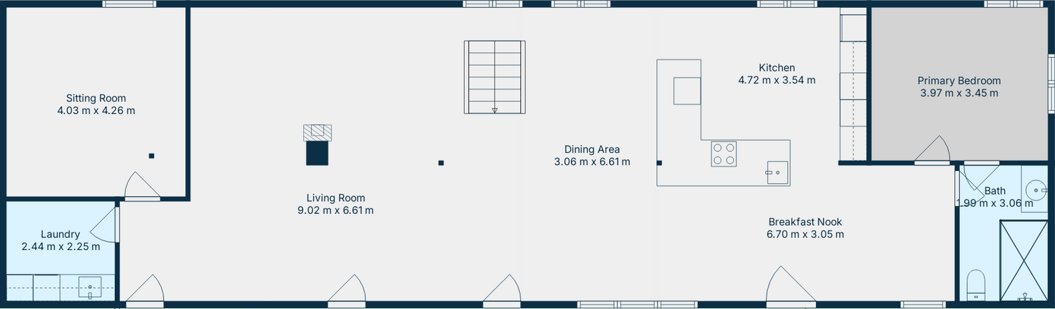 Floor plan of a house layout with labeled rooms and dimensions.